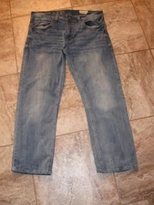 T.K. Axel Slim Boot Jeans Mens 36x30 Blue Denim Stretch Medium Wash distressed