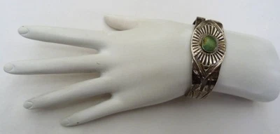 OLD VINTAGE NAVAJO GREEN TURQUOISE STERLING SILVER STAMPED WIDE CUFF BRACELET - Image 1 of 4
