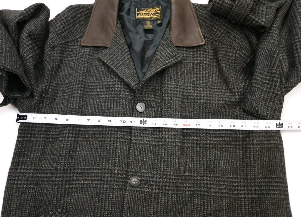Vintage Eddie Bauer Wool Overcoat Men's Medium Plaid Leather Collar USA Made - Image 2 of 4