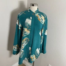Citron Santa Monica Womens Large Teal 100% Silk Asian Fan Print Button Up Blouse