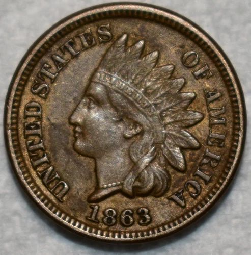 About Uncirculated 1863 Indian Head Cent, Richly Hued w/ Light Luster.