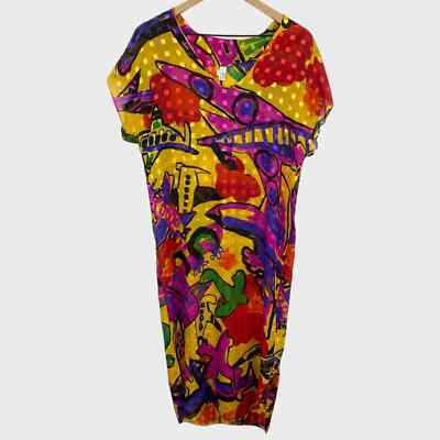Vintage 90s Flora Kung Colorful Pop Art Silk Long Dress Size Small
