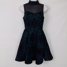 Windsor XS Skater Dress Black Teal Velvet Flocked Mesh Illusion Neck Sleeveless