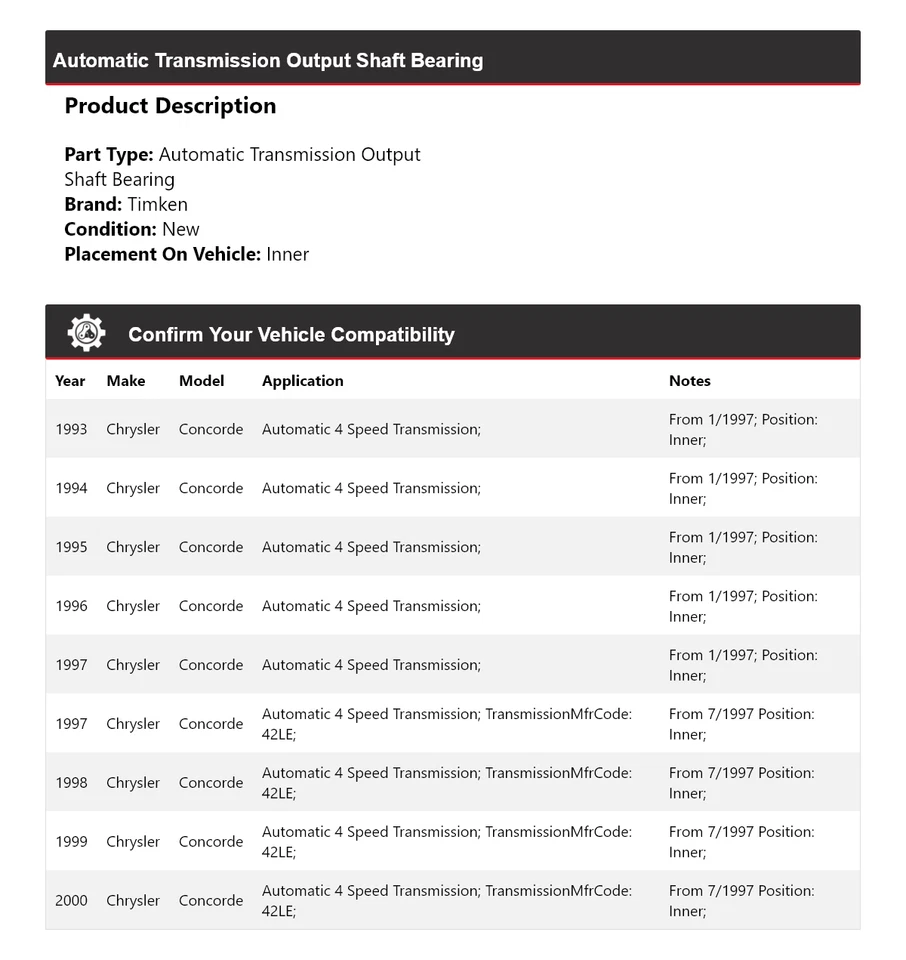 Para 1993-2000 Chrysler Concorde Auto Trans Saída Eixo Rolamento Interno Timken - Imagem 2 de 4