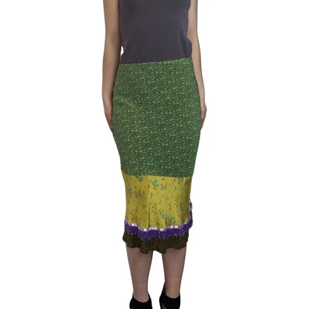 Falda lápiz ETRO vintage verde floral lentejuelas con cuentas dobladillo seda IT 44 UK 12 Foto 3 de 4