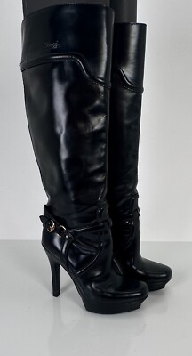   GUCCI Black Leather Platform High Heel Gold Toe Knee Tall Boots Sz 37 / 7