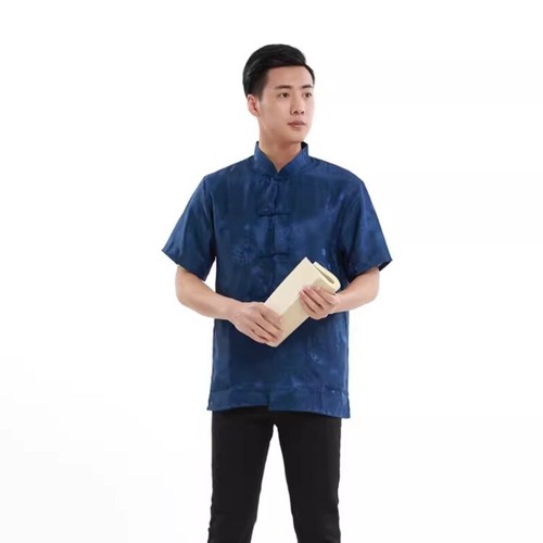 Men Short Sleeve Shirt Satin Dragon Blouse Chinese Performance Costumes Kung Fu - Picture 14 of 16