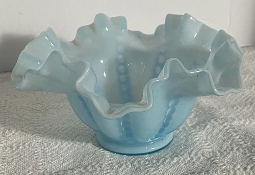 Vintage Fenton Art Glass Blue, Light Sky Blue Beaded Ribbon Candy Dish