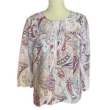 Chico  s Paisley Multi Print 100 Linen 3/4 Sleeves Jacket Women  s Size 2 L-12 