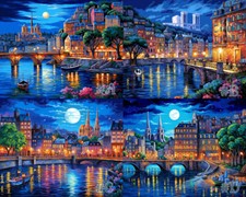 European Townscape at Night Printed Needlepoint Canvas Nocturnal Charm
