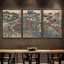 Set 3 Silk Canvas Samurai Battle Japan Ukiyoe Paint Poster Decor Unframed P194