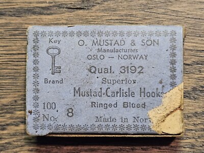 Key Brand Mustad and Sons #8 fishing hooks and box Norway