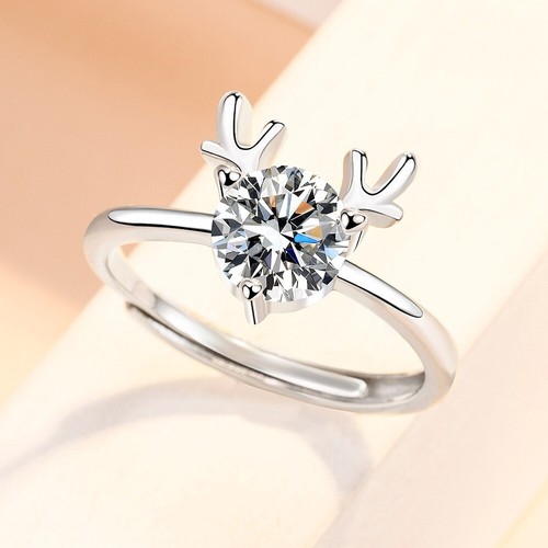 Fashion Women 925 Sterling Silver Ring Cubic Zirconia Prong Cute Antlers 1837 - Picture 2 of 4