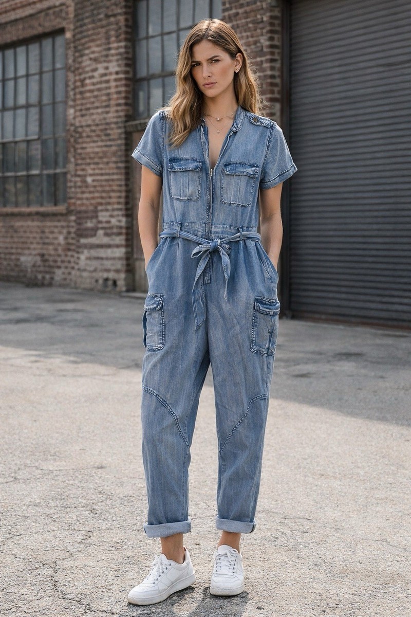 Womens Denim Jumpsuit Medium Wash Belted Utility Romper Zip Front
