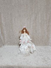 Vintage 8” Porcelain Doll In White Dress And Bonnet With Pink Roses