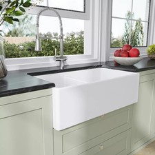 Nuie Farmhouse Apron Front Kitchen Sink, Double Bowl, Stepped Weir 33x18x10"