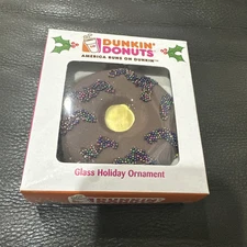 2007 Dunkin' Donuts Glass Holiday Ornament Chocolate Round Sprinkled Donut *NEW*