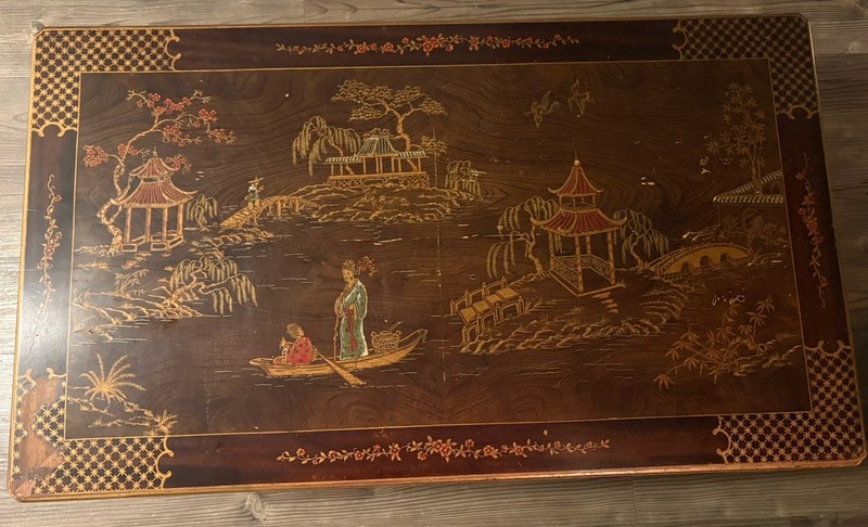 Henredon Chinoiserie Scenic Painted Top Wood Coffee Table 56x27 Rectangle