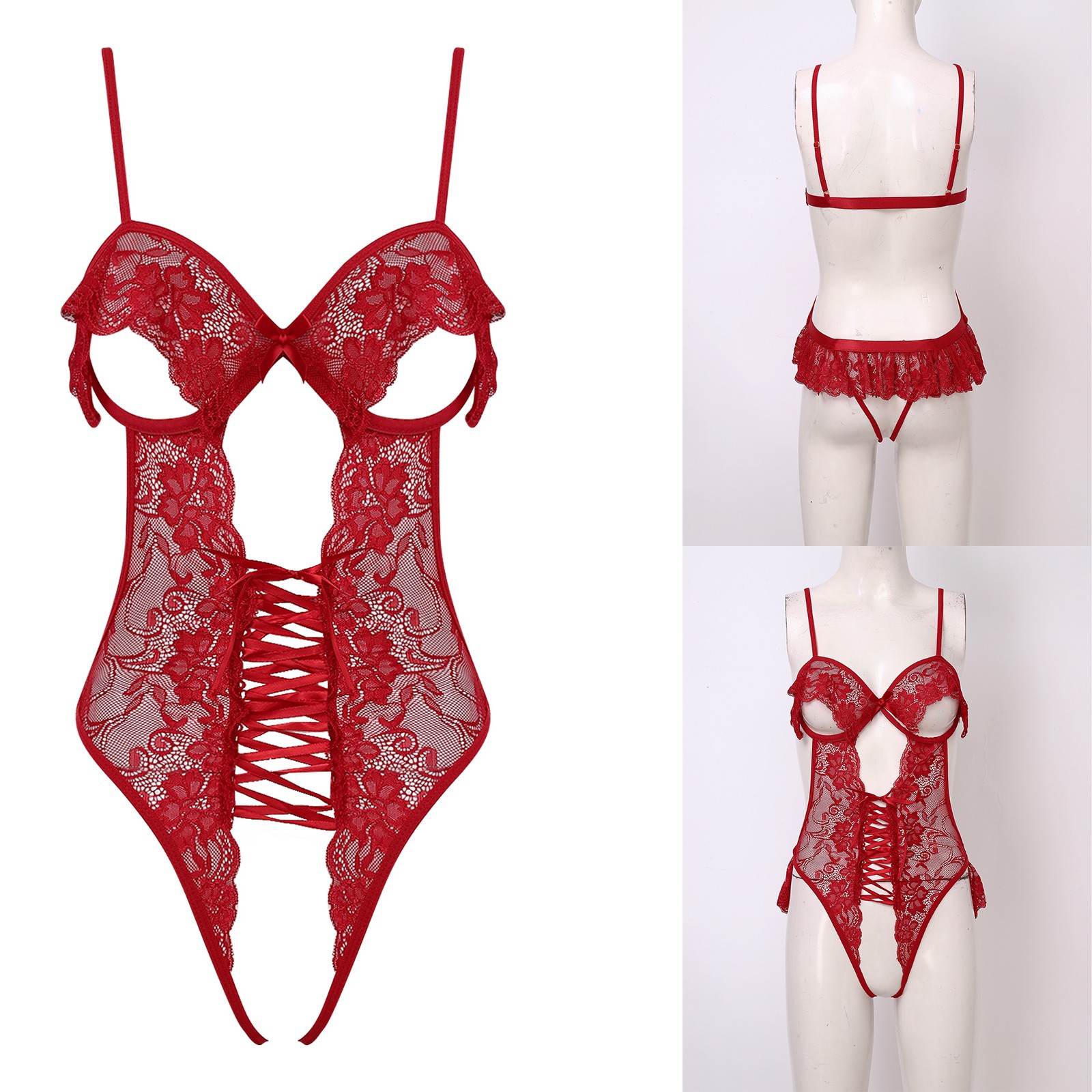 Women Lingerie Sexy Nightwear Tempting Lace Bodysuit Nightclub Open Cup Elegant