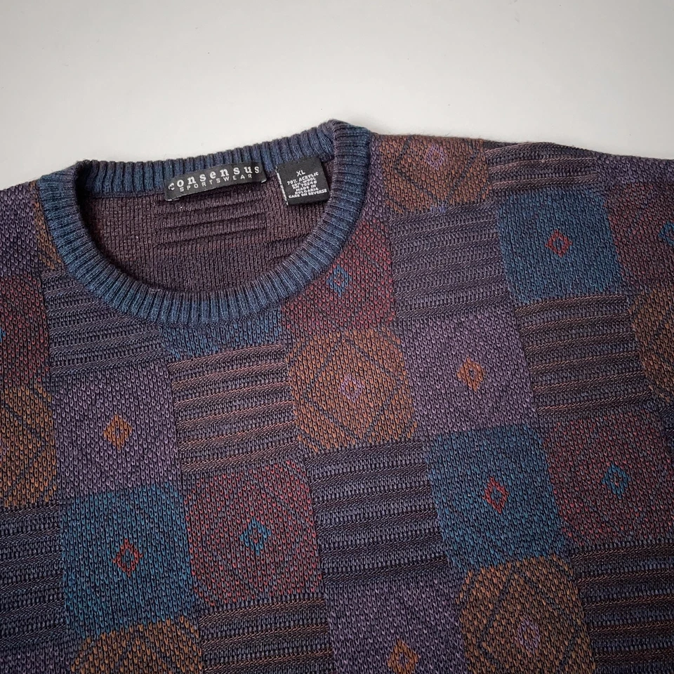 90s Wool Blend Dark Academia Grandpa Sweater Grunge Geometric Jacquard Knit XL - Image 2 of 4
