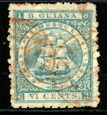 British Guiana 1866 QV 6¢ Dull Blue Perf 10 Sc#67 VFU P159