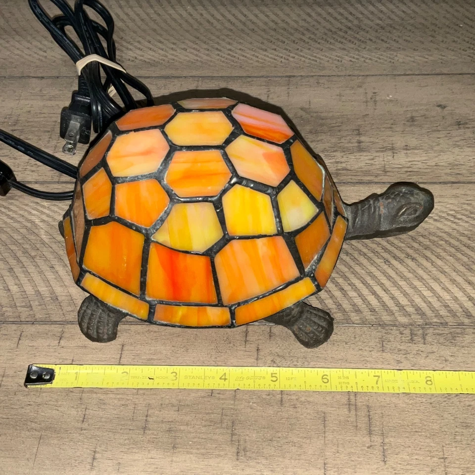 Vintage Tiffany Style Stained Glass & Brass Turtle Accent Lamp Orange  Works - Image 3 of 4