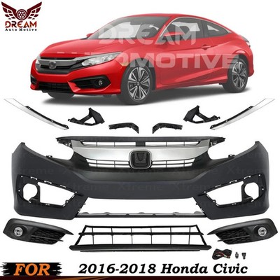 Front Bumper Cover Paintable & Grille Assembly Kit For 2016-2018 Honda Civic