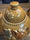 Vintage Japan Mustard Yellow Ceramic Teapot Embossed Fruit Flowers Wire Handle — photo 2