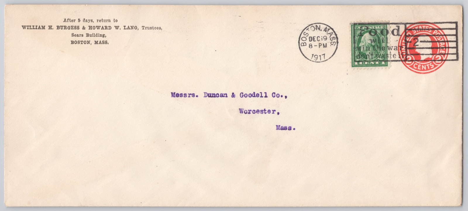 Boston, MA, Sears Building return envelope, 1¢ & 2¢ stamps — — 1917