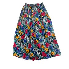 Vintage Floral Tropical Midi Skirt Navy Pink Yellow Petite 6 Elastic Waist