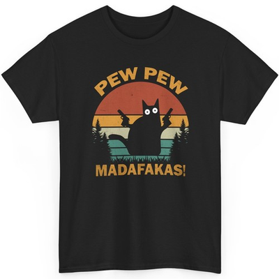 #ad Pew Pew Madafakas Cat Gun Shirt Funny Retro Sunset Graphic Tee Kitty Lover Gift $17.99