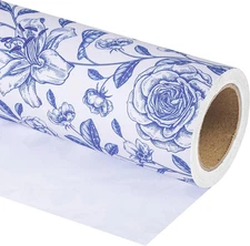 Kraft Blue and White Floral Wrapping Paper Roll - Mini Roll - 17 Inch x 33 Feet 