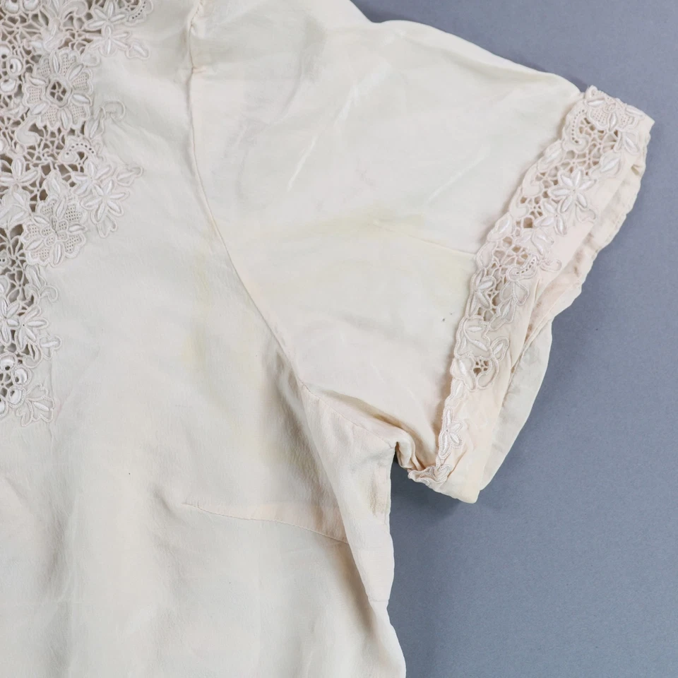 Blusa de seda vintage bordada transparente guipure corpete de renda década de 1940 mangas curtas - Imagem 4 de 4