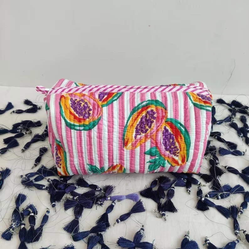 Indian Cotton Pink Stripe Toiletry Bag Unisex Makeup Bags Waterproof 3 Pcs. Sets