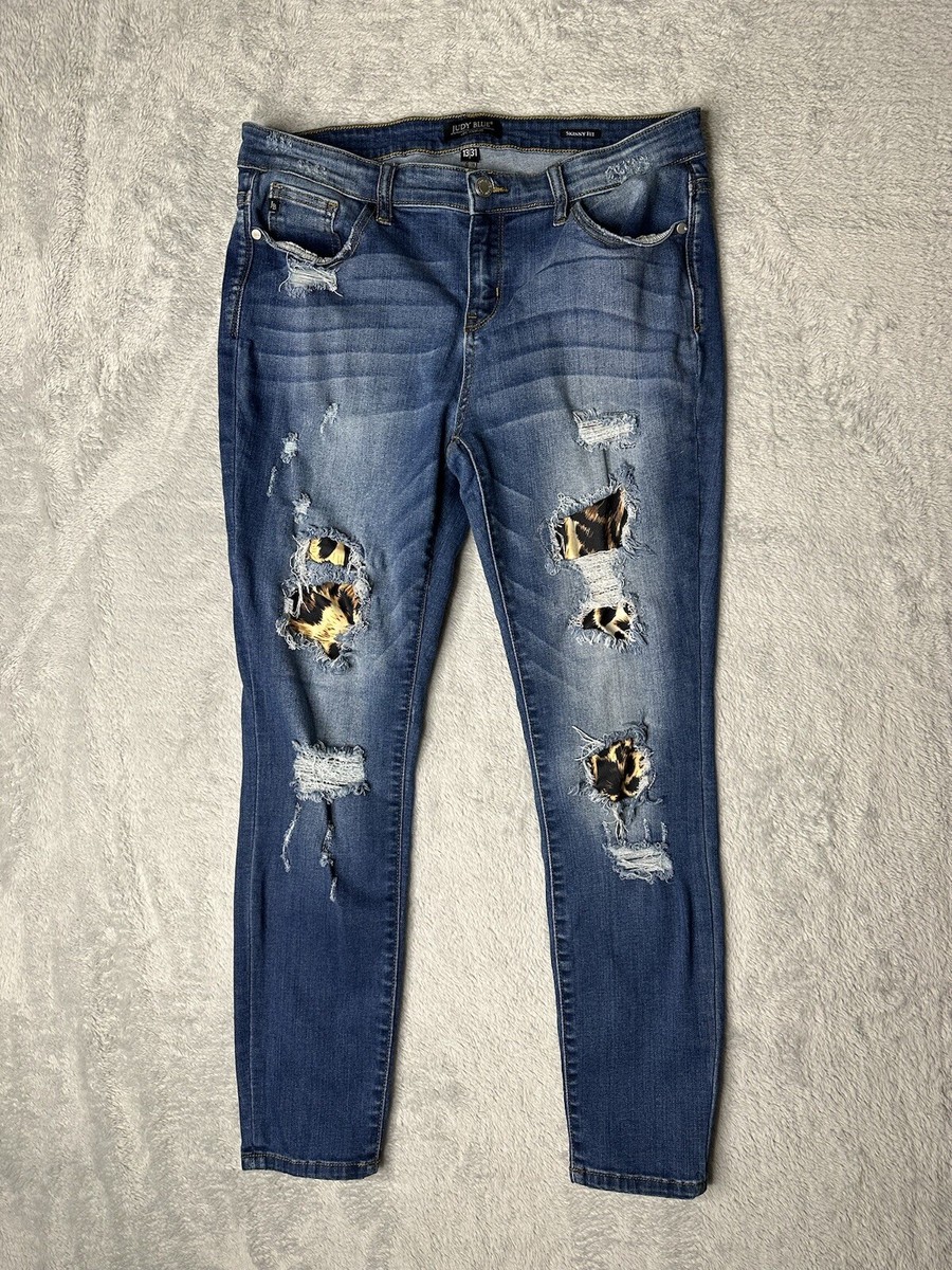 Judy Blue Jeans Womens 31 Leopard Patch Ripped Distressed Skinny