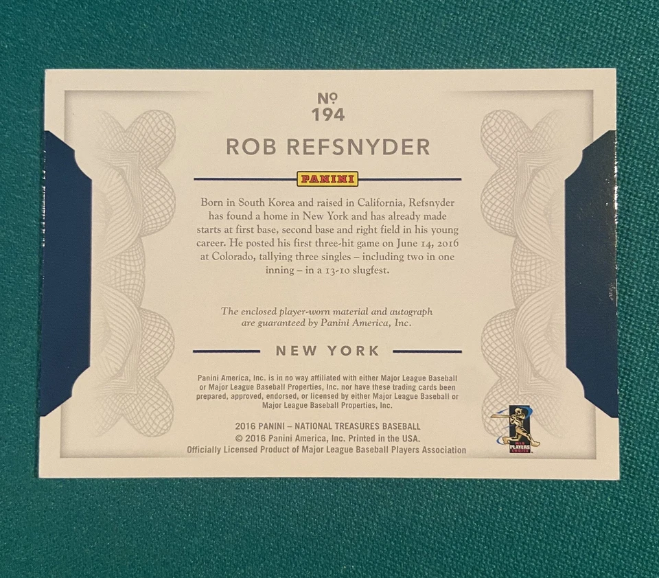 2016 National Treasures Rob Refsnyder Autograph Rookie Patch Auto RC #58/99 - Image 2 of 2