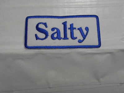 SALTY  NEW EMBROIDERED  SEW / IRON ON NAME PATCH BLUE ON WHITE 1-1/2t X 3-1/2w