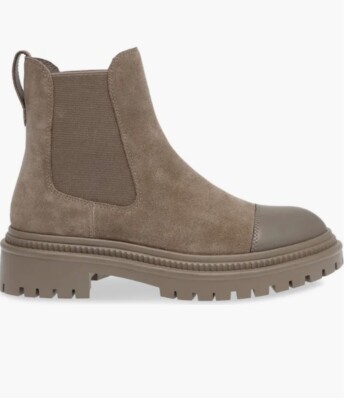 Steve Madden Mayslie Lug Sole Chelsea Boot   Taupe Suede, Size 8, New Without Bo