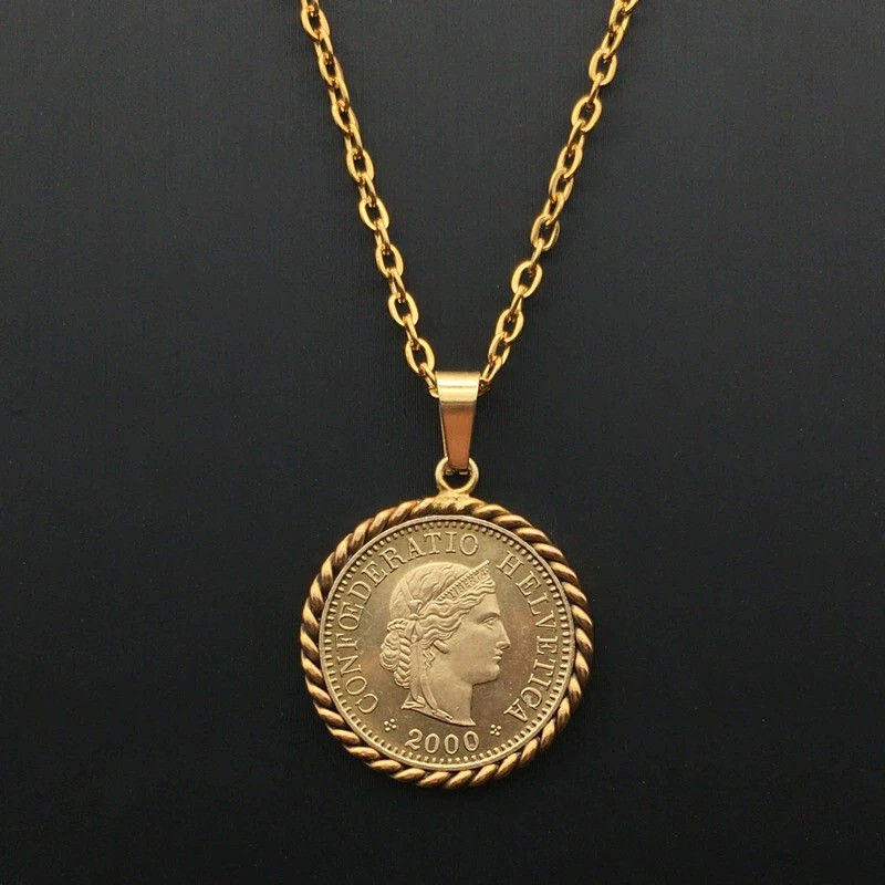 ★VINTAGE HOLLYWOOD★ Round Coin Necklace Retro Swiss Guardian Coin Pendant Vintage Gold Portrait Coin