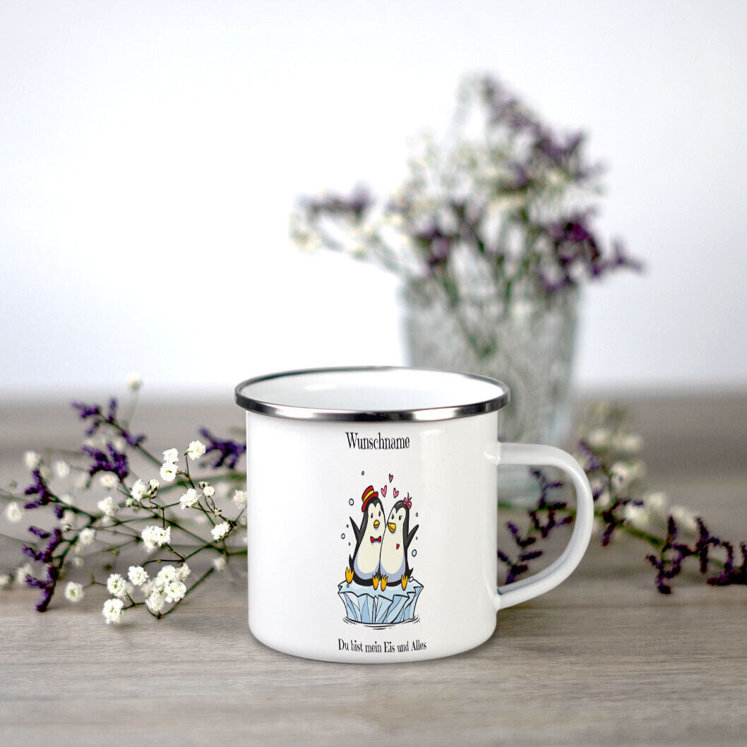 Emaille Becher mit Namen bedrucken Camping Tasse Pinguin Kindertasse Kaffeetasse