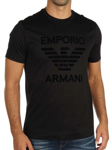 Emporio Armani Men's black cotton T-Shirt, velvet print Size M*L*XL*2XL,3XL New