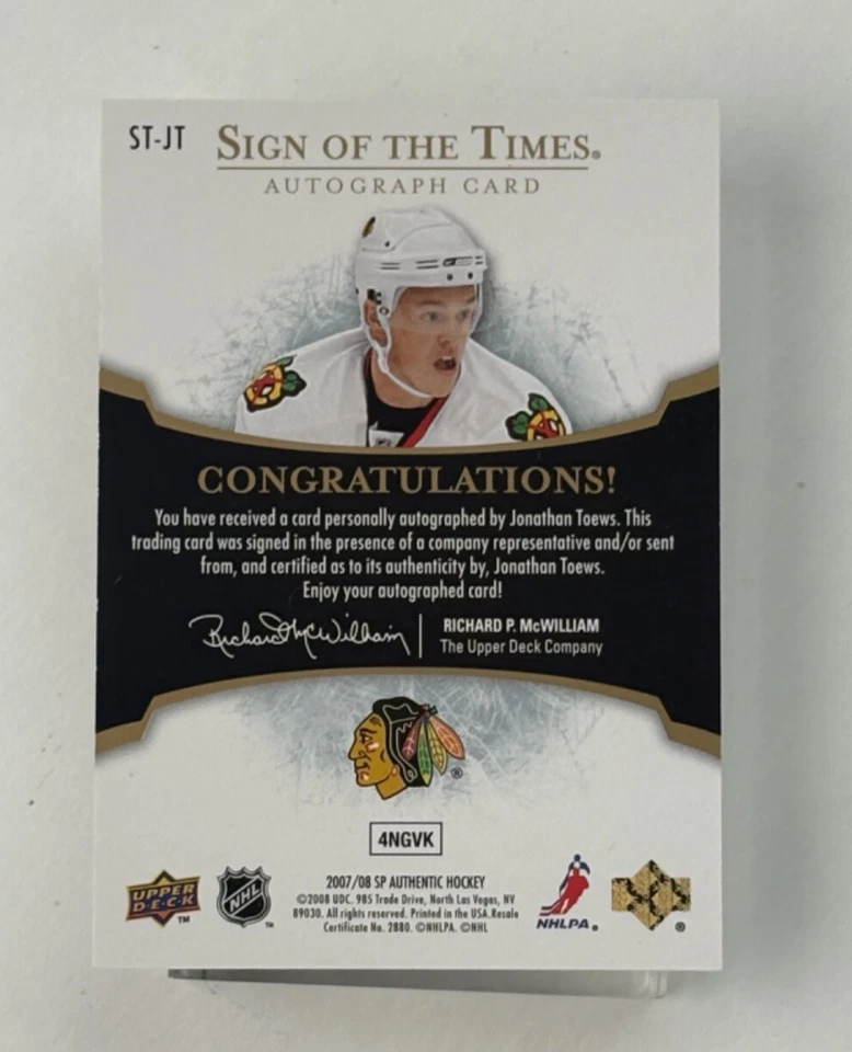 Jonathan Toews 2007-08 UD Authentic Sign Of The Times Auto 🔥 Chicago Blackhawks - Image 2 of 2