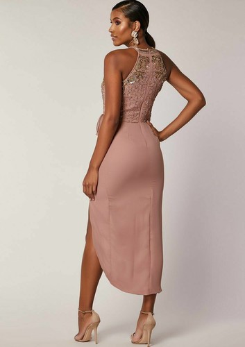 Virgos Lounge Regan Blush Embellished Cold Cut Shoulder Party Midi Dress 8 10 - Picture 2 of 3