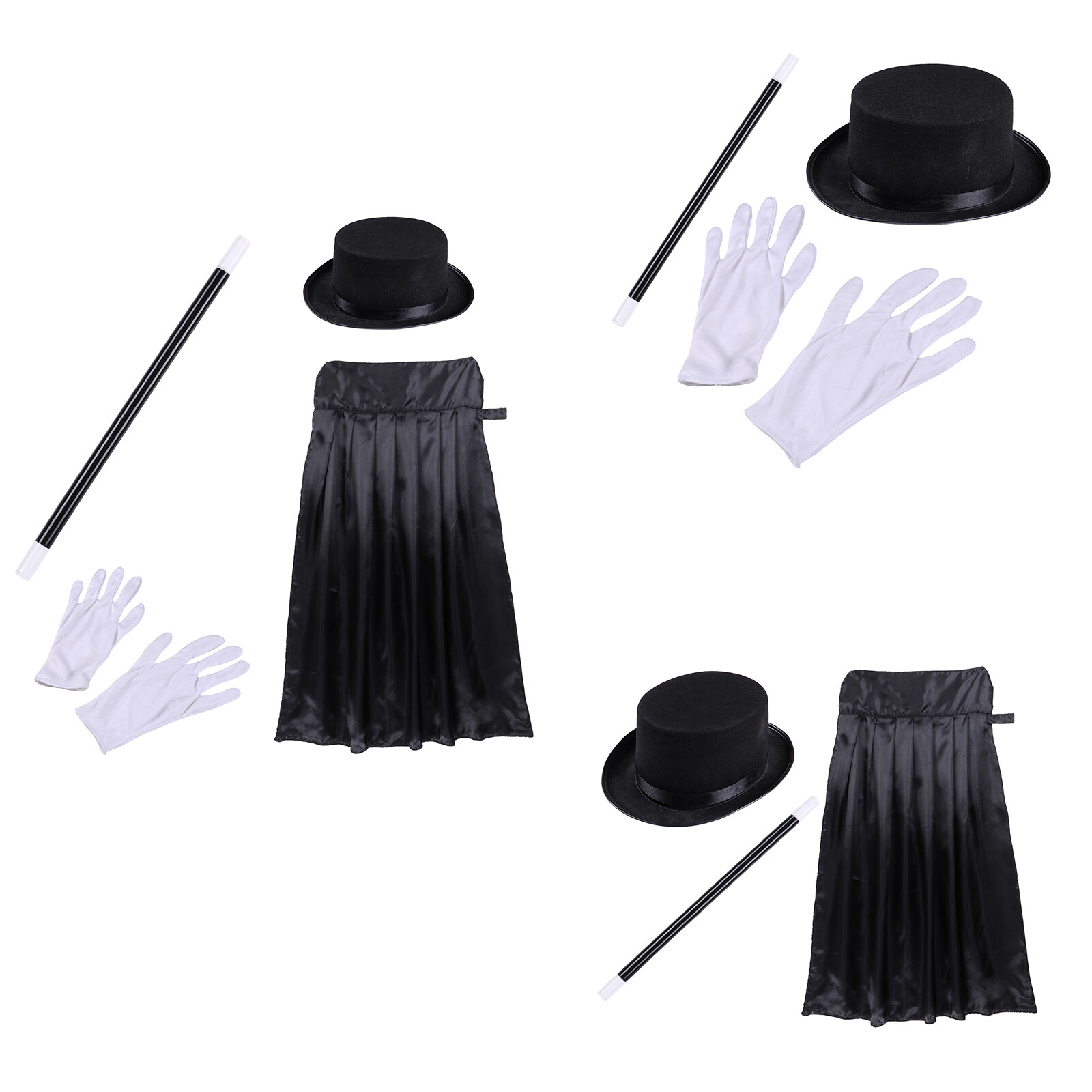 4 Magician Top Hat Cape Gown Magic Wand Gloves Costume Set Role Play