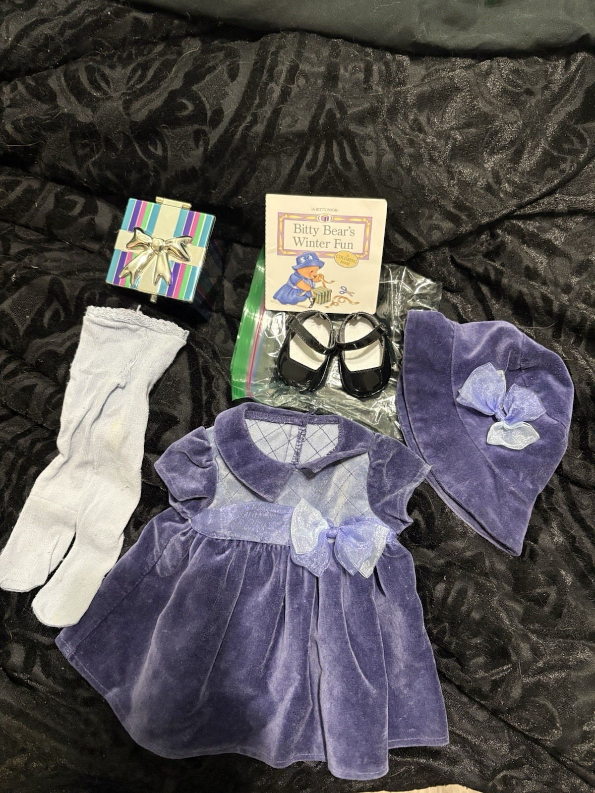 American Girl Bitty Baby Purple Velveteen Dress Set With Tights and Shoes & Toy