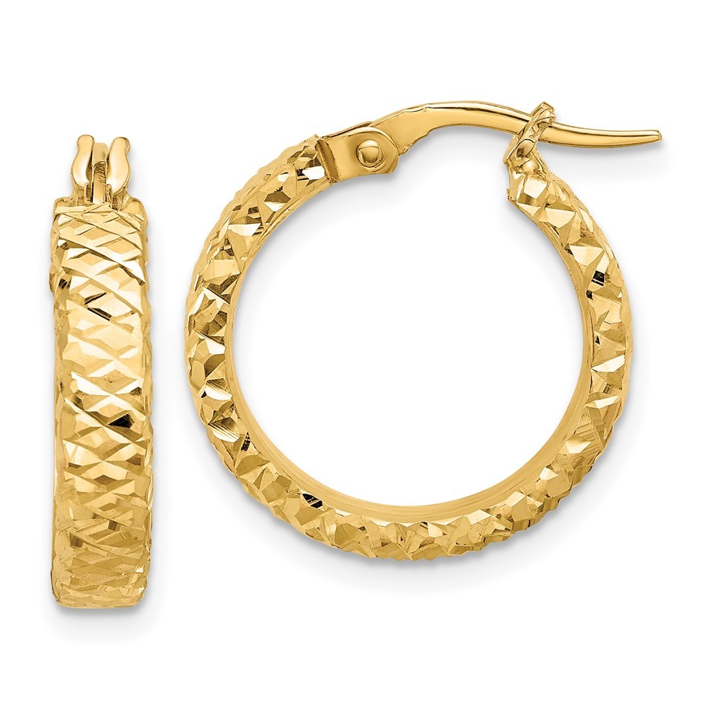 14K Yellow Gold Polished 4mm Diamond Cut Hoop Earrings L-20.5 mm, W-18.6 mm
