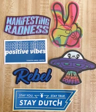 6 Dutch Bros Stickers Peace, Spaceship, Stay Dutch, Rebel, Positive Vibes+++