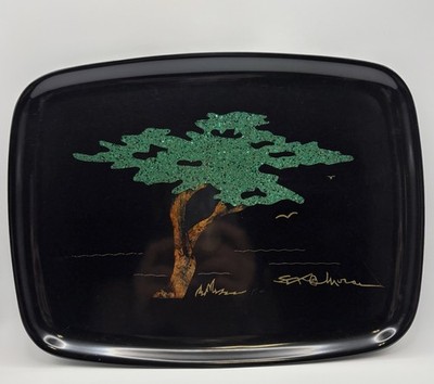 Couroc 1966 Monterey Cypress Tree Serving Tray Wood Inlaid Black Retro MCM 12 