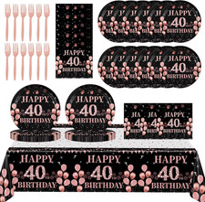 61Pcs Rose Gold 40th Birthday Plates and Napkins,Tablecloth,Forks 40th Rose Go