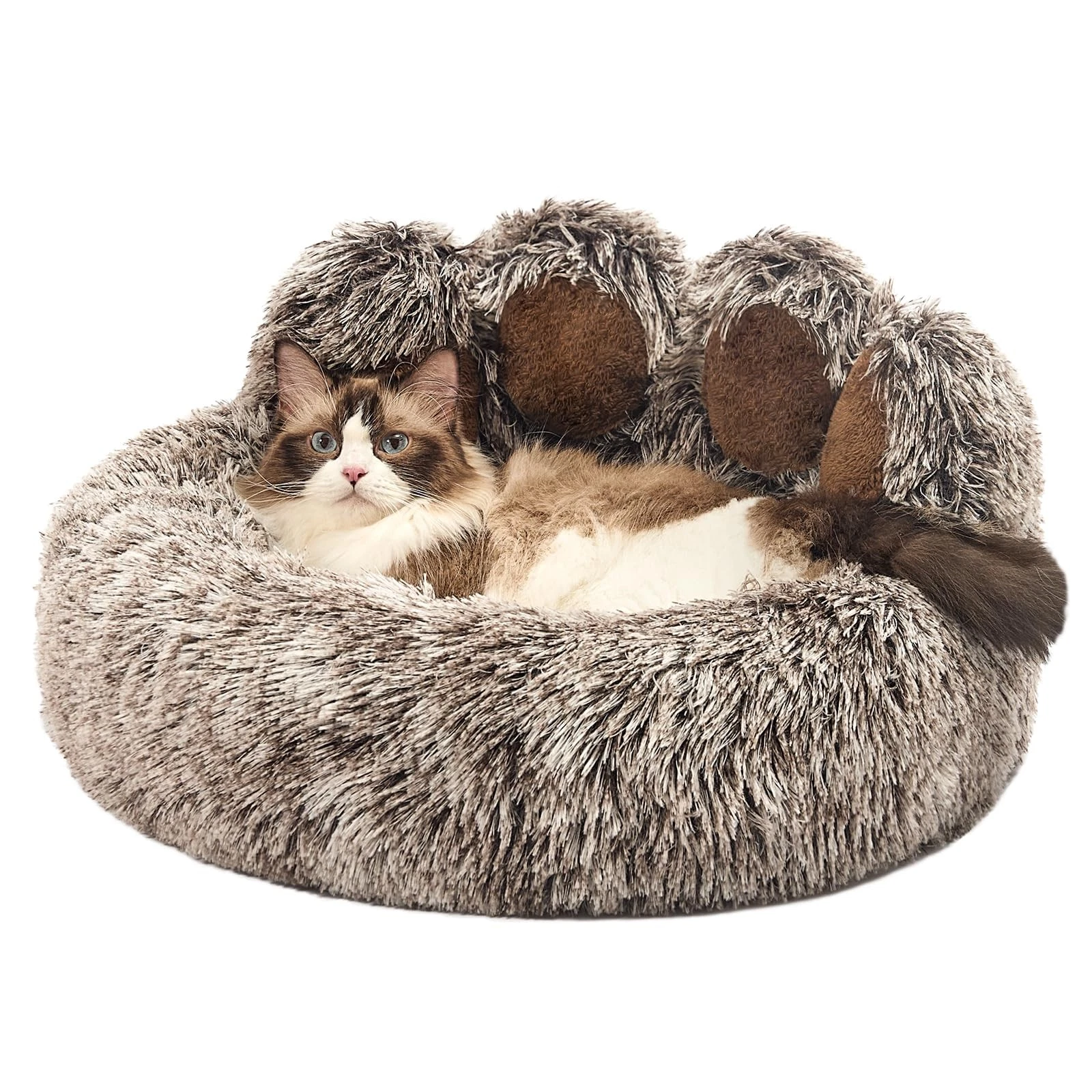 Paw Shape Calming Pet Bed Donut Bed 22x22x6 Inch Gray Plush Faux Fur Mat
